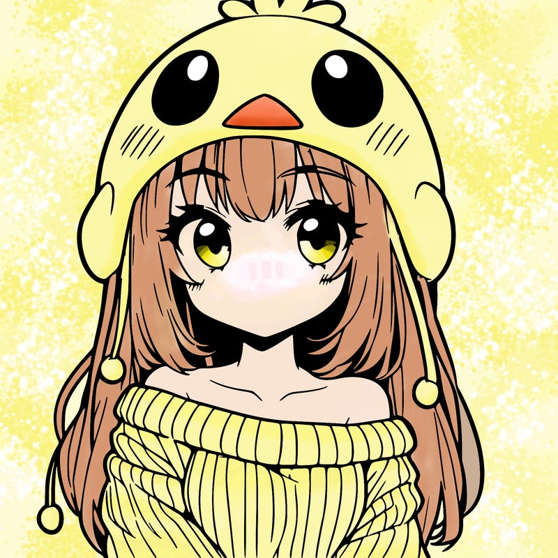 anime girl with chick shaped hat with sweater with bare shoulders with bangs covering them one eye with low tail