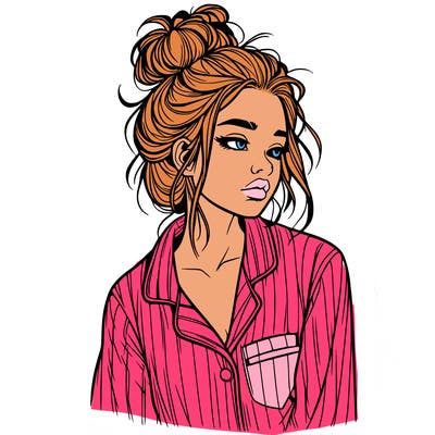 realistic woman with pajamas on and a messy bun