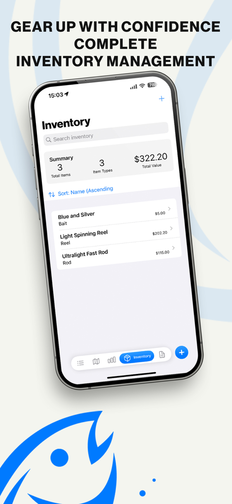 FishM - Fishing Log - FishM app inventory screen displaying a list of fishing equipment including rods and reels with their total value