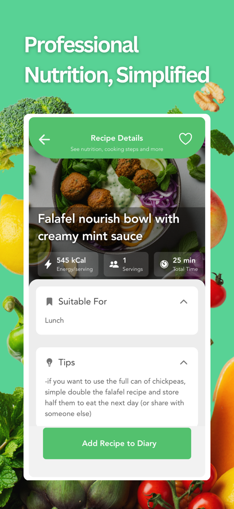 Foodzilla! Nutrition Assistant - Foodzilla app recipe details for a falafel nourish bowl showing calories and prep time.