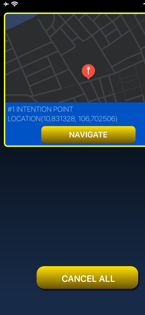 Randonauting Location Around - Kartenoberfläche, die einen Intentionspunkt und eine Navigationstaste zeigt.