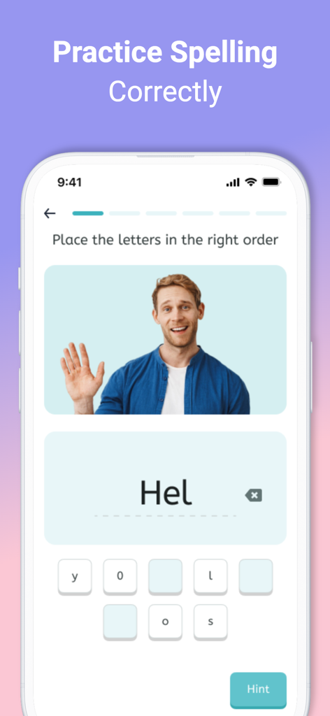 Un ejercicio de ortografía en la aplicación Taleek donde un usuario organiza letras para completar la palabra Hello.