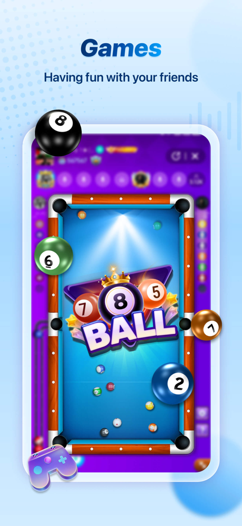 Una captura de pantalla del juego de billar de 8 bolas dentro de la aplicación de chat de voz Tada.