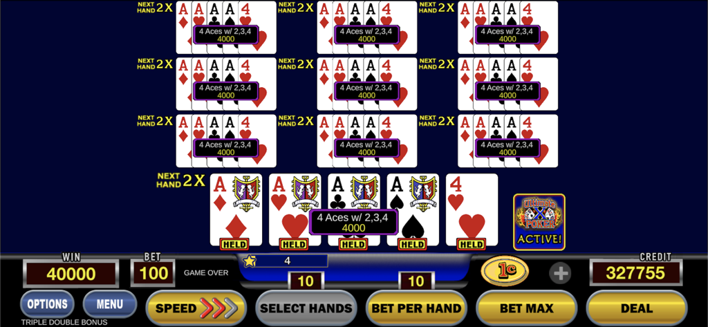 Ultimate X Poker - Video Poker - アルティメットXポーカーのビデオポーカーゲームプレイ。マルチプライヤー付きの4カードエースの勝利ハンドが表示されています。