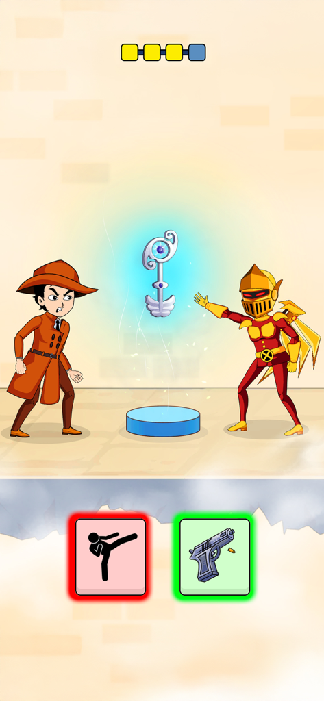 A detective character facing a golden knight villain with two gameplay action choices in a puzzle level