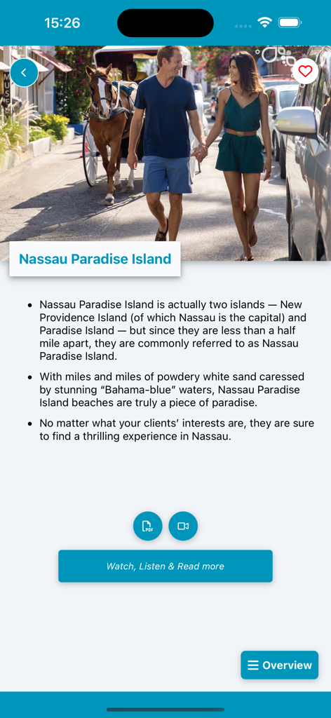 Travel advisor information page for Nassau Paradise Island in the Bahamas Specialist app.