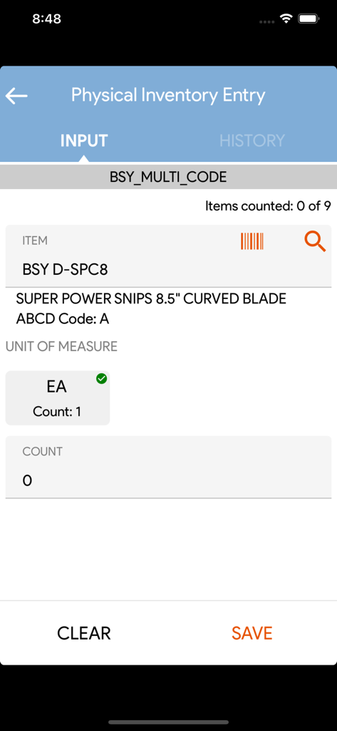 TIMS - TIMS app Physical Inventory Entry screen for tracking warehouse item counts