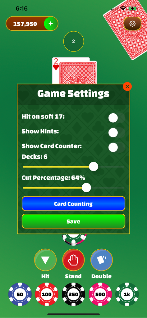 BlackJack: 21 Casino Table - ヒント、カードカウンティング、デッキカスタマイズのオプションがあるブラックジャックゲーム設定メニュー