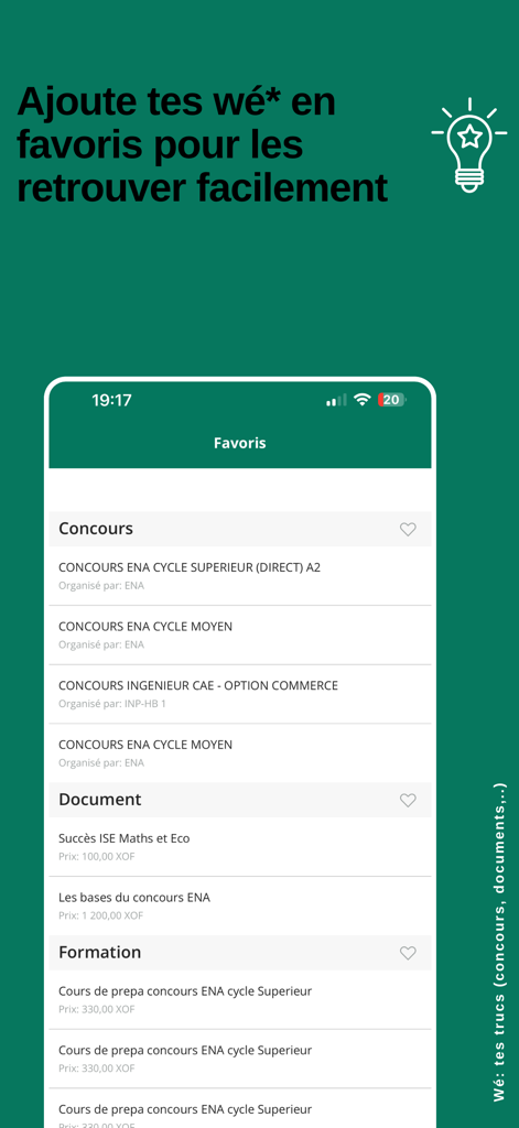 Benutzeroberfläche der Concours Hub App, die eine Liste von bevorzugten Prüfungsdokumenten und Vorbereitungskursen anzeigt