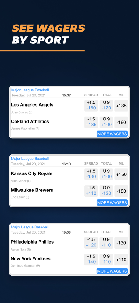BetMaker™ Sports Odds - A mobile app interface showing Major League Baseball betting odds including spread total and moneyline for several game matchups