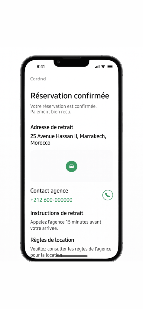 A mobile screen showing a confirmed car rental booking in Marrakech on the Cardnd app