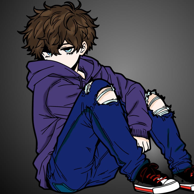 a male hoddie ripped jeans messy hair anime