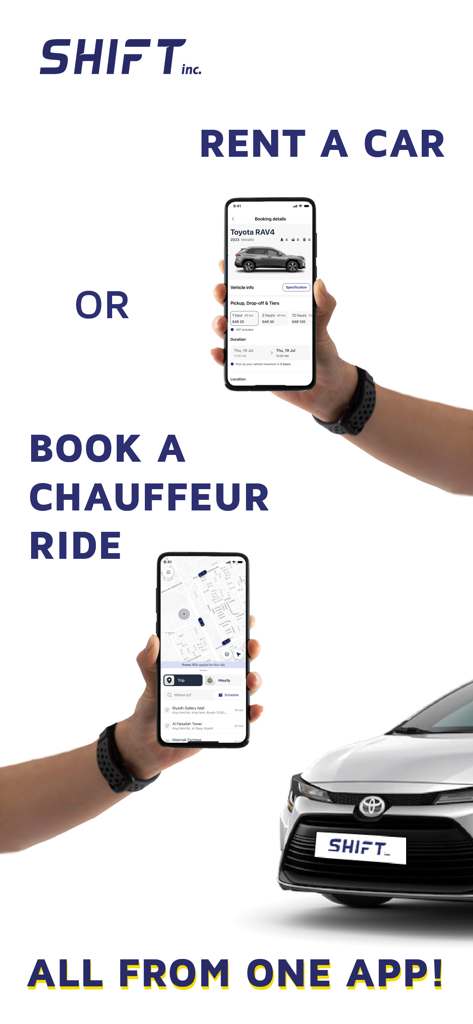 SHIFT 앱을 위한 마케팅 그래픽: 단일 모바일 인터페이스에서 자동차 렌탈 및 기사 호출 예약 기능 강조