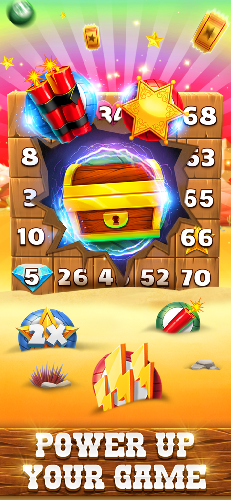Una vibrante pantalla de juego de Bingo Showdown que muestra un cofre del tesoro brillante y potenciadores del Salvaje Oeste en una carta de bingo de madera.