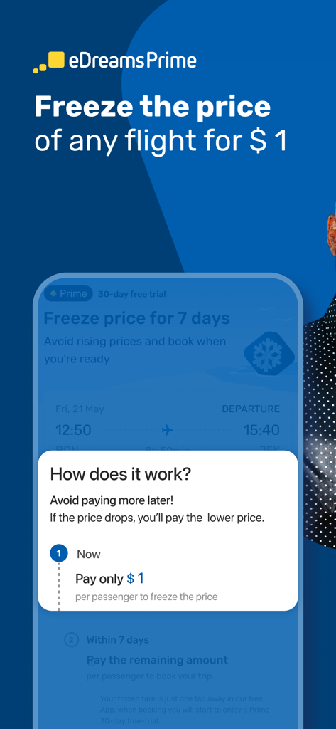 Función de eDreams Prime para congelar los precios de los vuelos por un dólar