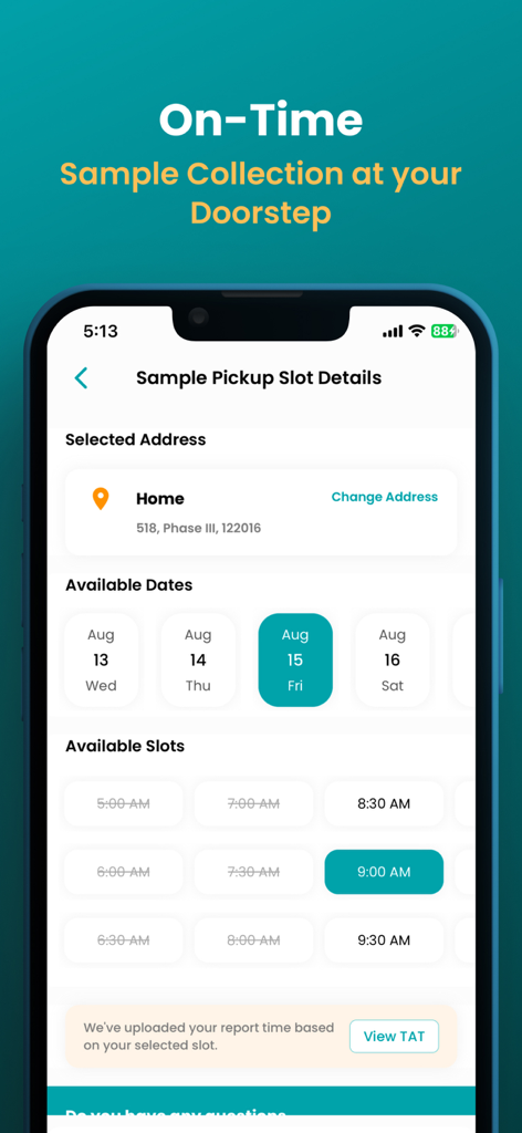 Healthians - Full Body Checkup - Interface de l'application Healthians montrant la sélection de la date et de l'heure pour la collecte d'échantillons à domicile.