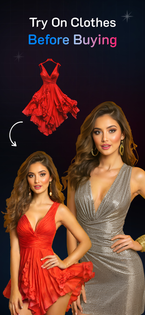 Clothes Changer: Try On Outfit - Una mujer probándose virtualmente un vestido rojo usando la función de la aplicación AI Clothes Changer.
