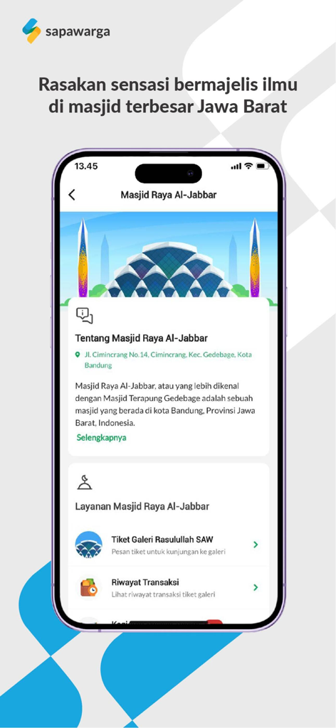 SAPAWARGA app interface showing information and ticketing services for Masjid Raya Al-Jabbar in West Java