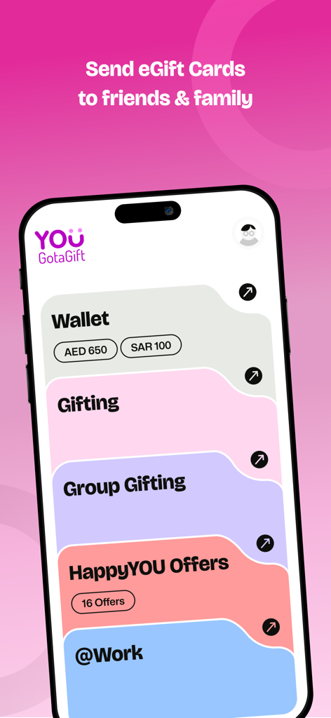 Pantalla de inicio de la aplicación YOUGotaGift que muestra el saldo de la cartera y las opciones de regalo