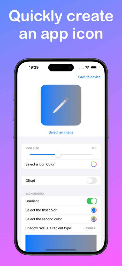 Interface móvel do Easy App Icon Designer mostrando ferramentas de personalização para tamanho de ícone, cor e gradientes em uma tela de iPhone
