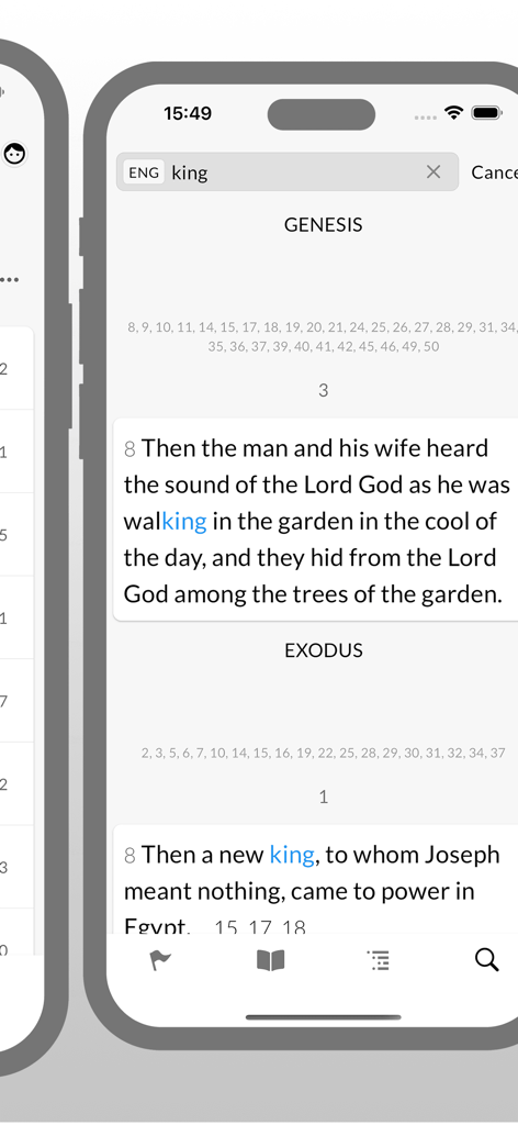 Search results for the word king in the Lai Siangtho Bible app showing verses from Genesis and Exodus