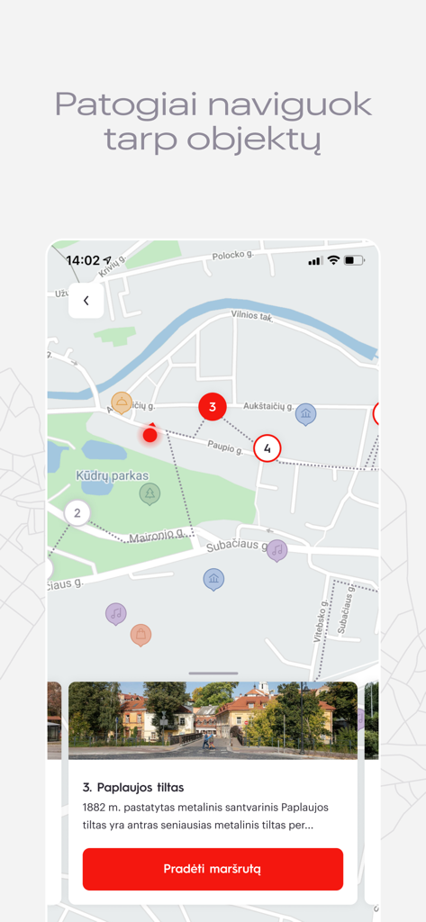 Interactive map interface of the Neakivaizdinis Vilnius app showing walking routes and points of interest