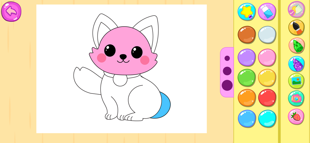Baby Care Games for Kids 3,4,5 - Una interfaz de juego de colorear con un lindo animal rosa y blanco con una paleta de colores vibrantes y herramientas de dibujo.