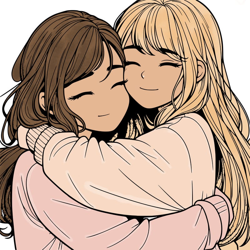 realistic two girls hugging