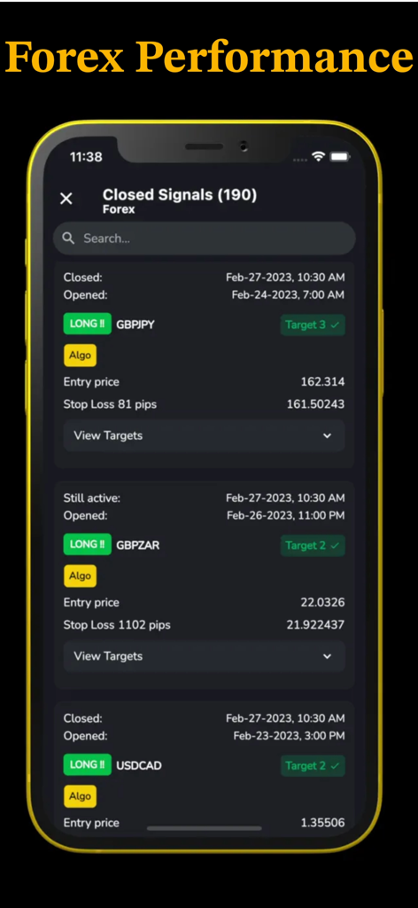AI Pro Trading Signal - AI Pro Trading Signal app interface showing closed forex trading signals with entry prices and profit targets