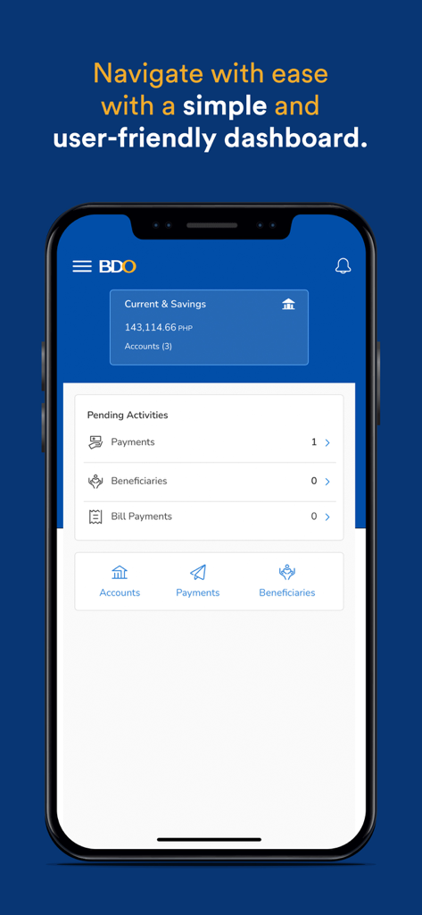 BDO Business mobile app dashboard showing account balance and pending activities
