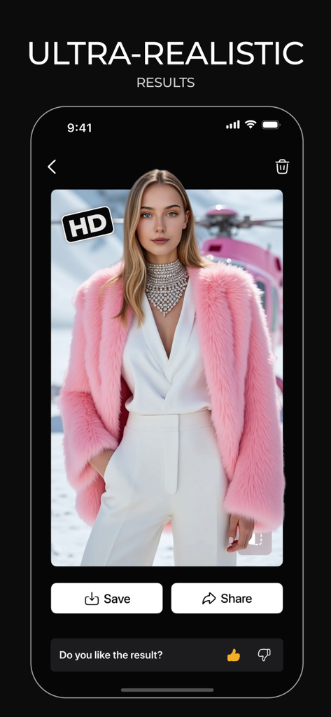 Voria: AI Video & Photo - An ultra-realistic AI generated portrait of a woman in a pink fur coat standing in front of a pink helicopter