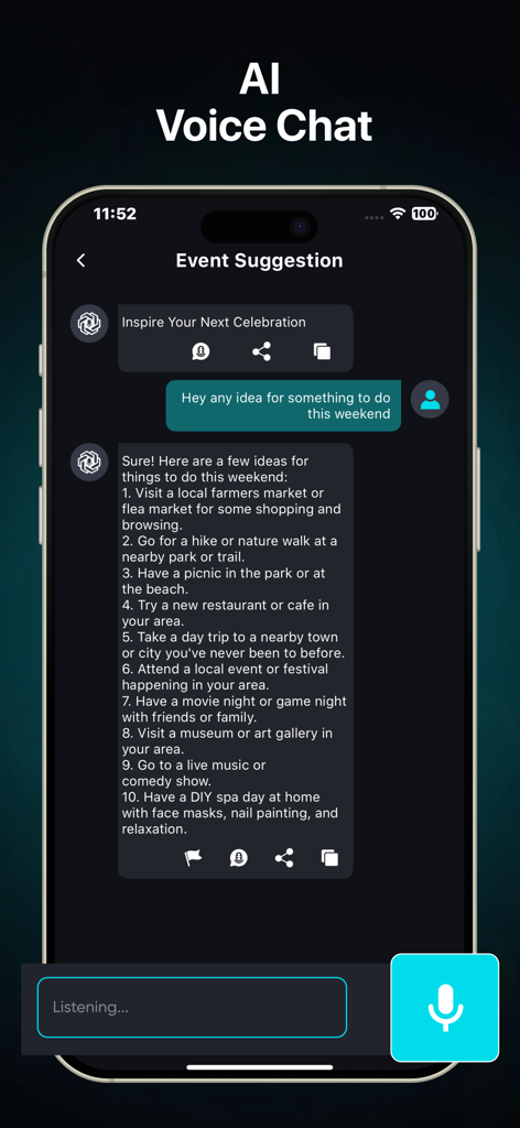 Smart Chatbot & AI Assistant - Smart Chatbot interface showing an AI voice chat for weekend event suggestions with a list of activities and a microphone button.