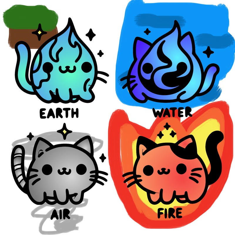 4 cats that represent the different elements, earth, water, air, and fire
