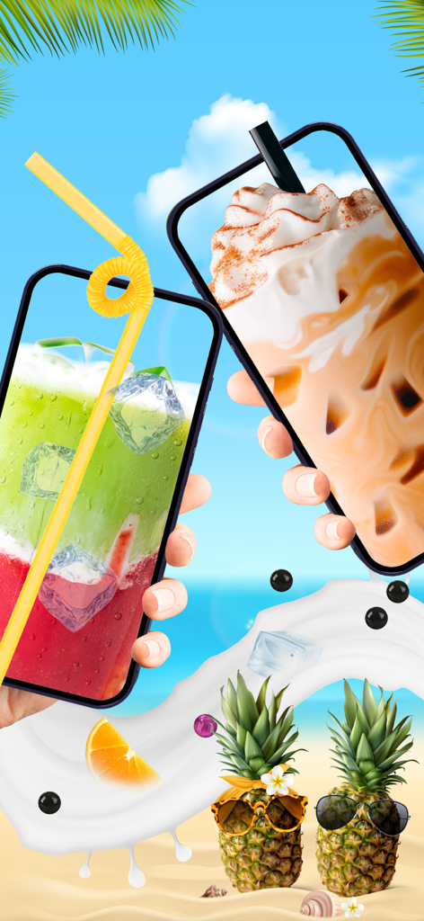 Drink & Make Boba Bubble Tea - Dos smartphones mostrando bebidas virtuales de té de burbujas sobre un fondo de playa