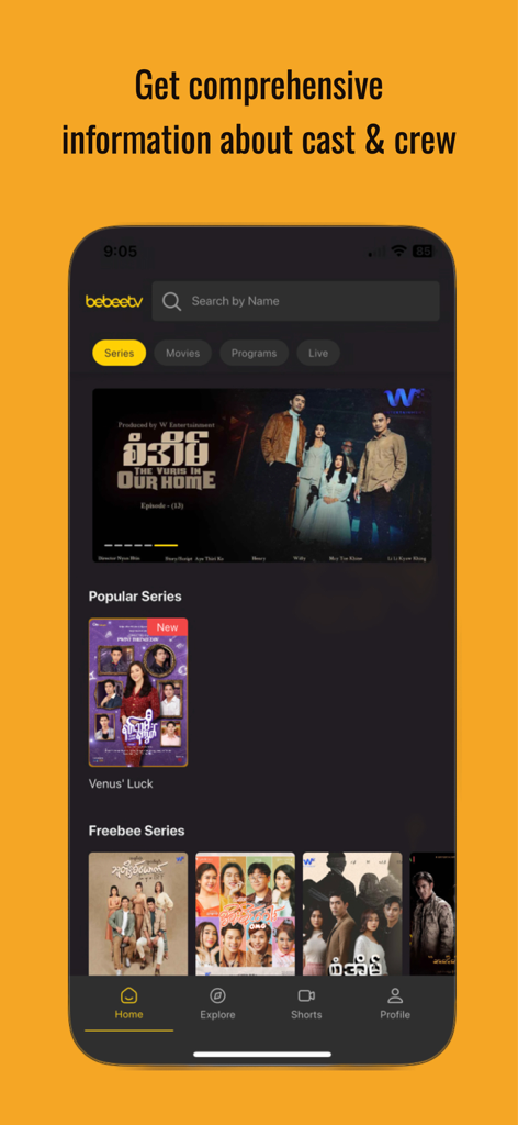 Bebee TV app home screen showcasing Myanmar original series and entertainment categories.