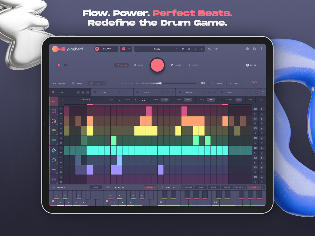 Interfaccia dell'app Playbeat 4 su un iPad che mostra un sequencer di batteria multitraccia colorato e controlli di generazione di pattern ritmici.