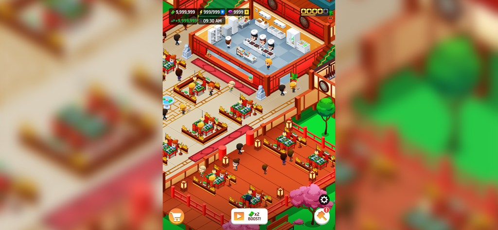 Idle Restaurant Tycoon: Empire - Capture d'écran du gameplay d'Idle Restaurant Tycoon Empire montrant un restaurant animé à thème asiatique avec des chefs et des clients
