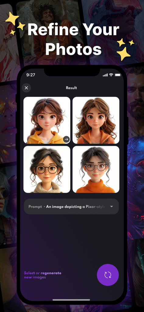 AI Art Photo Image Generator - AI generated Pixar style portraits on a mobile phone screen