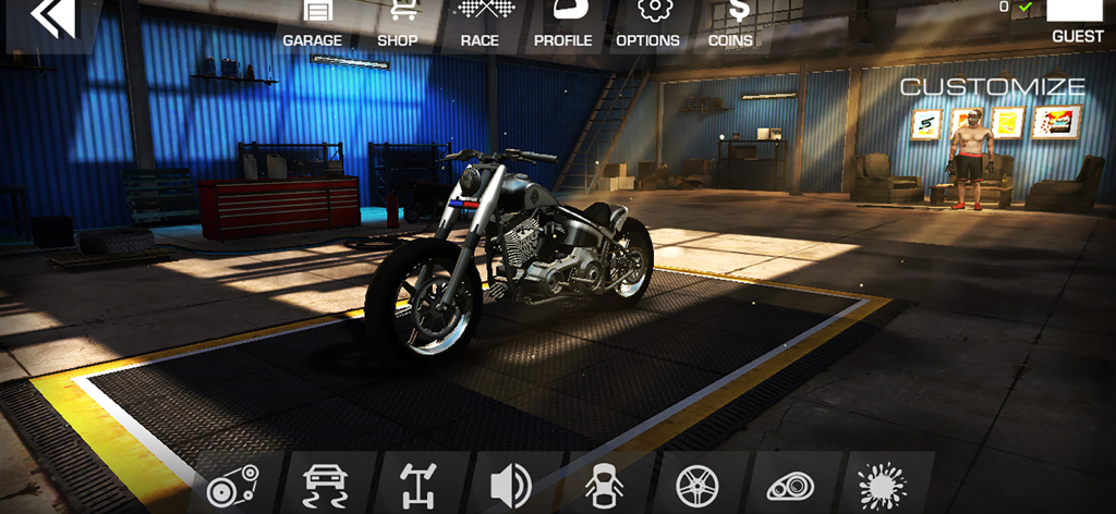 Xtreme Wheels - A black motorcycle inside a garage workshop in the Xtreme Wheels game customization menu.