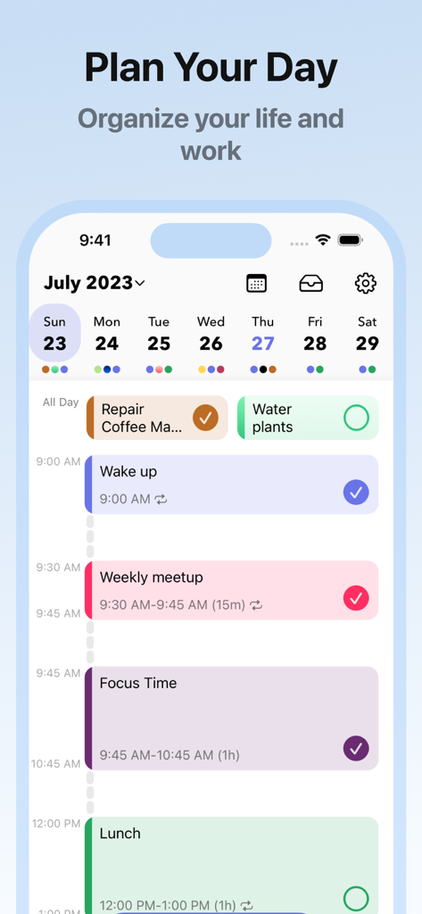 Daily Schedule Planner - MyDay - Daily schedule planner app interface showing a color coded visual timeline and hourly tasks for organizing life and work.