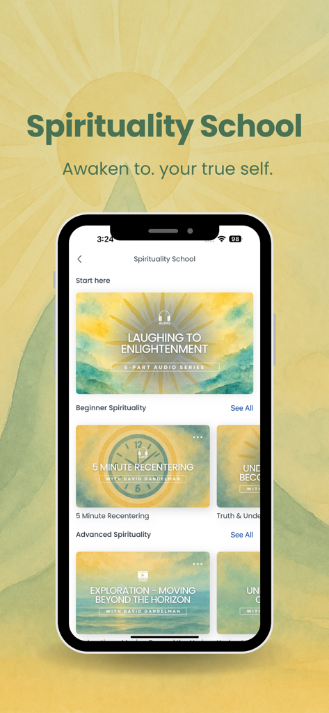 Meditation School Inc. - Mobile screen showing Spirituality School courses for beginner and advanced meditation