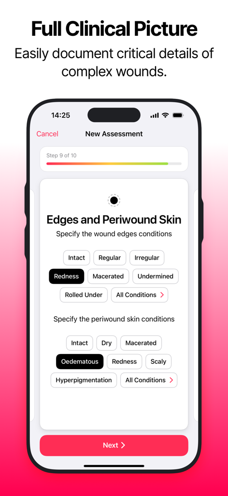 Interface da aplicação WoundGenius para documentar as margens da ferida e detalhes da pele perilesional