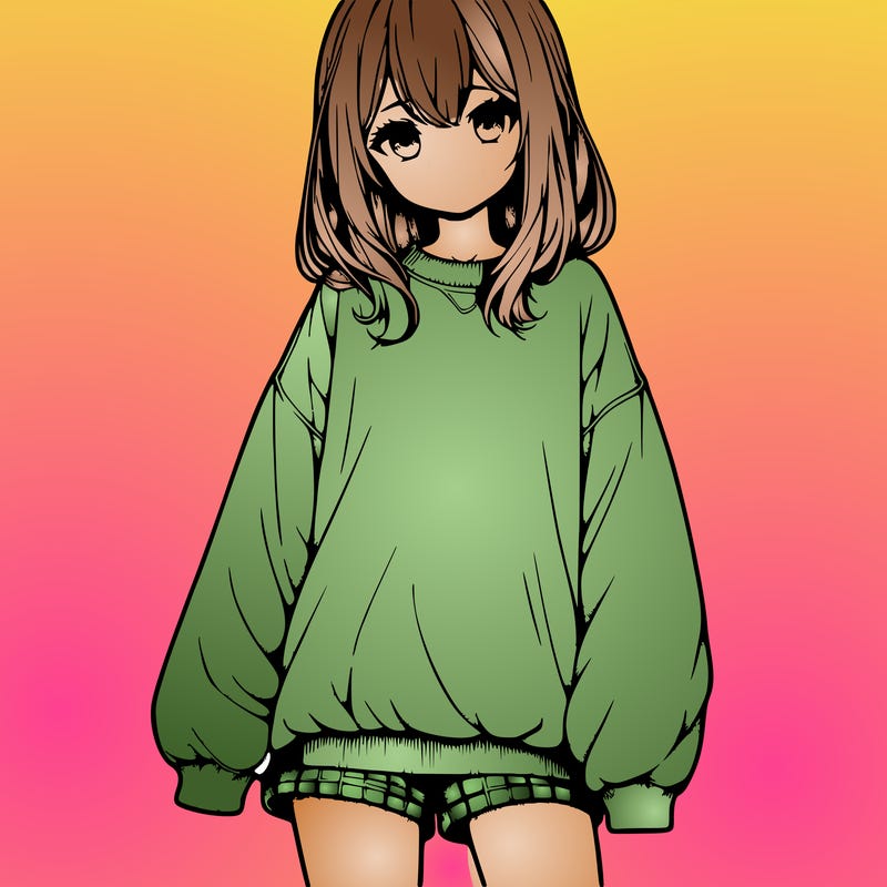 realistic manga girl wearing oversized sweatshirt and shorts