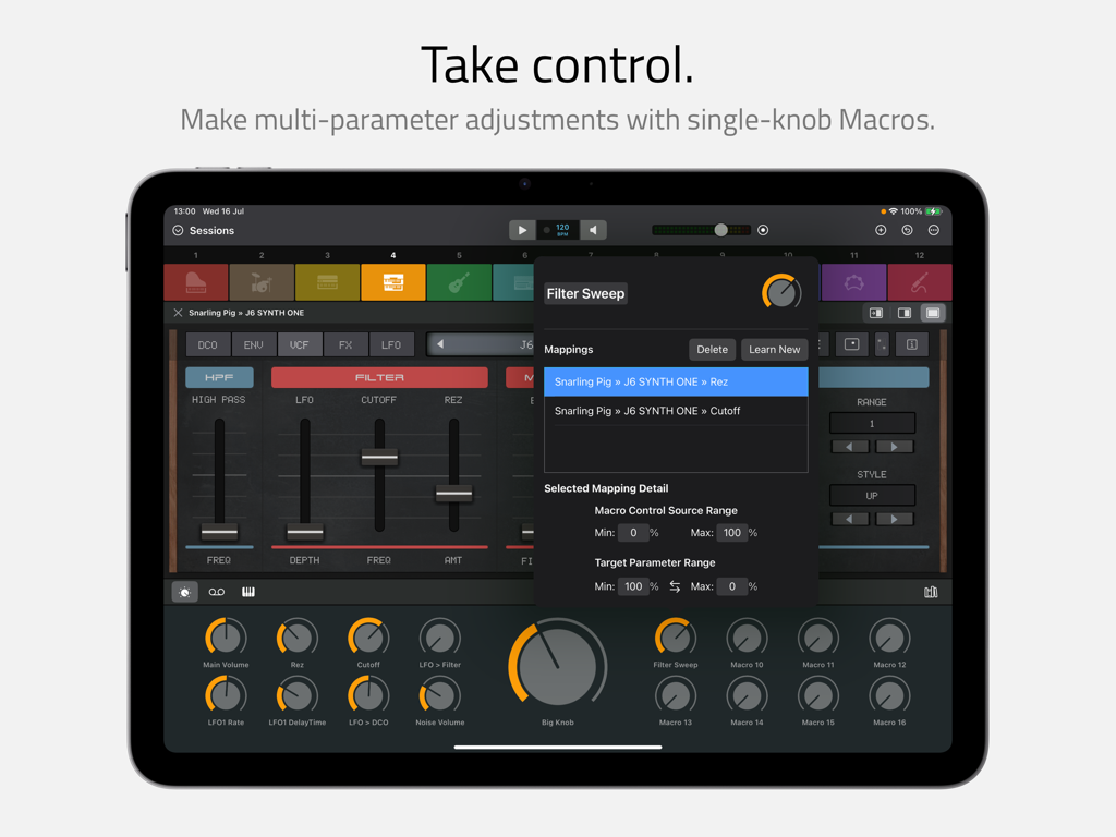 Sessions app interface on iPad showing the mapping of multi-parameter adjustments to a single-knob macro control.