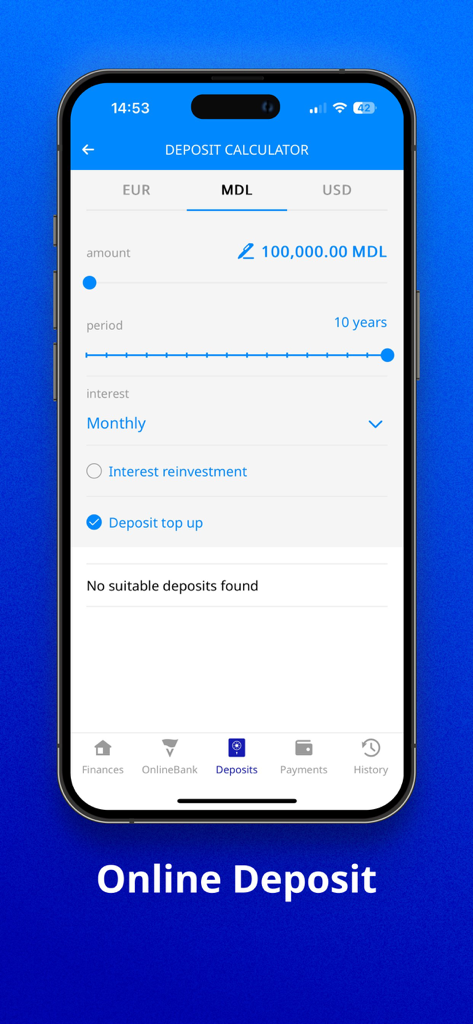 VB24 Mobile app screen showing an online deposit calculator for Moldovan Lei MDL.