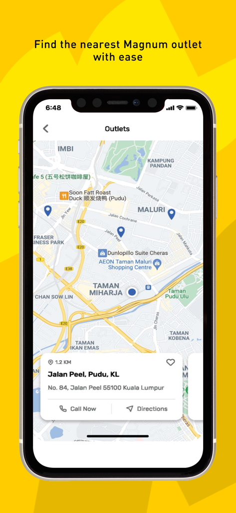 Capture d'écran d'une application mobile affichant une carte avec les emplacements des points de vente Magnum 4D et les itinéraires à Kuala Lumpur