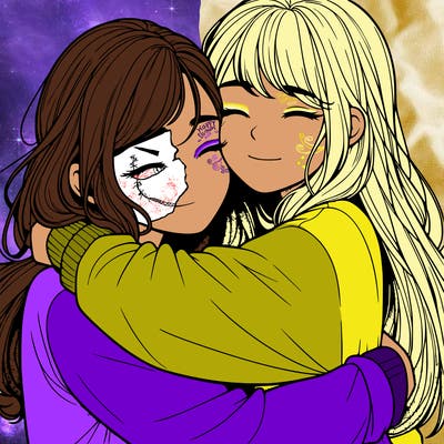 realistic two girls hugging