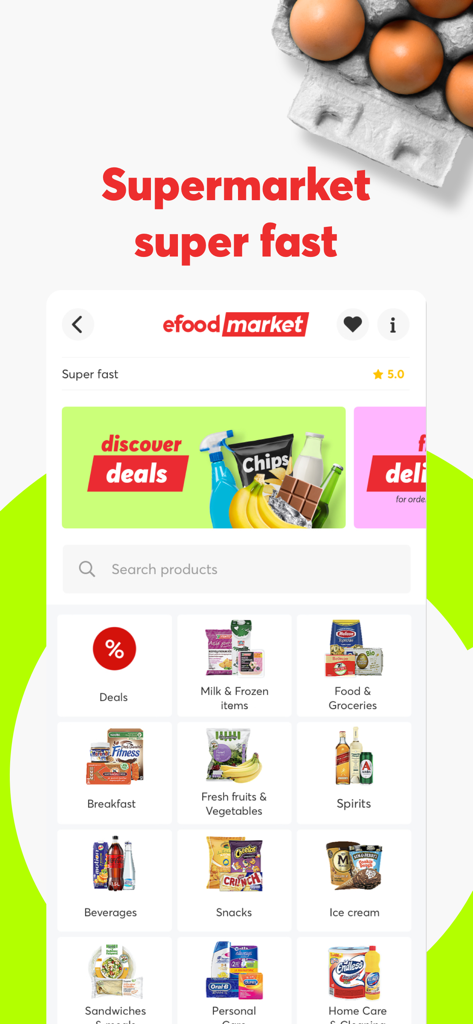efood delivery: food, grocery - The efood market app interface showing grocery categories and search bar.