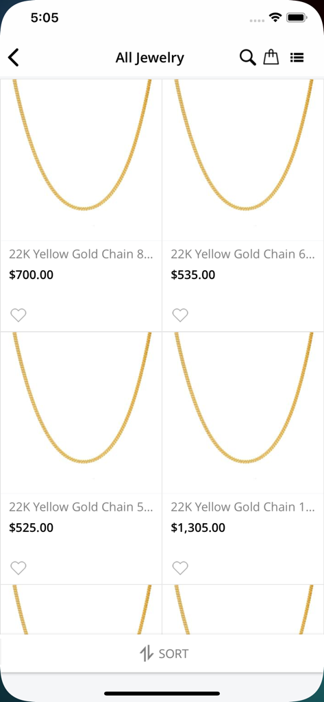 The Virani Jewelers app showing a product grid of various 22K yellow gold chains with their prices