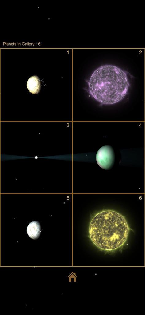 Evolution Planet - 14 Billion - A grid view showing six different customized celestial bodies including planets and stars in a gallery